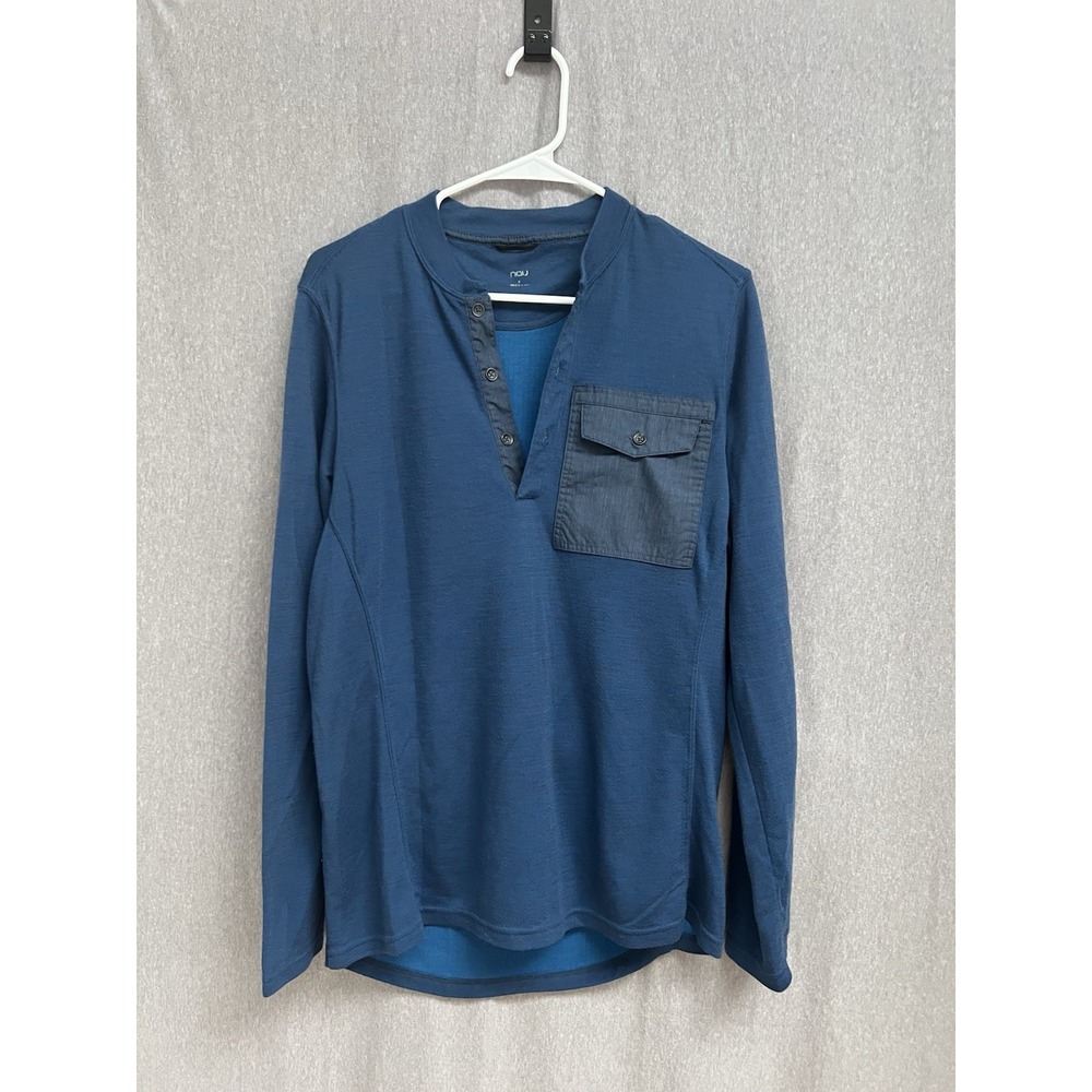 Nau Men's Long Sleeve Shirt Medium Blue Merino Wool Crew Neck Henley Blue Pocket
